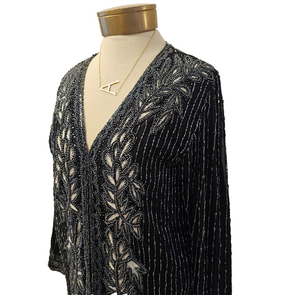 Vintage Jacket Womens Sz 18* Black Silk Sequins Beads Blazer Evening Formal - Picture 1 of 8